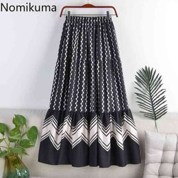 Nomikuma High Waist Skirts Women Contrast Colour Printed A Line Mid Calf Skirt Female Fashion Chic Faldas Mujer 3e339 210514