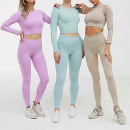 2/3 Piece Set Women Ribbed Seamless Yoga Sets Workout Clothes for High Waist Sports Legging Long Sleeve Top and Crop Bra 210802