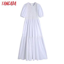 Tangada Women Elasitc Pleated White Summer Dress Chic Fashion Vintage Puff Sleeve Female Midi Dresses BE525 210609