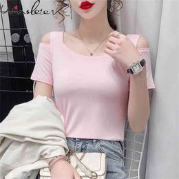 Summer Korean Style Modal Cotton Short T-Shirt Fashion Solid Off Shoulder Women Tops Bottoming Shirt All Match Tees T13024A 210421