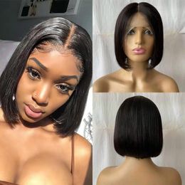 Malaysian Straight Lace Front Wigs Human Hair Short T Part Bob Wig with Baby Hair 150% Density