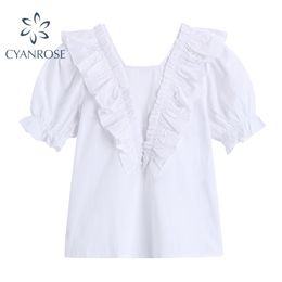 Summer Elegant Ruffle Spliced Solid Blouses Tops Women Korean Square Collar Vintage Shirts Short Sleeve Loose Blusas Ladies 210515