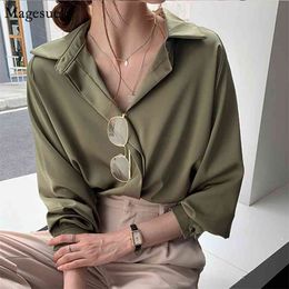 Korean Plus Size Loose White Blouse Femme Satin Women Blouses Solid Long Sleeve Shirt Simple Office Ladies Tops Blusas 11193 210512