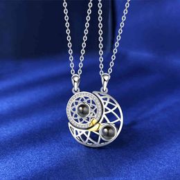 925 Silver Sun Moon Couple Projection Necklace Men and Women a Pair of Japanese Korean Simple Pendant Collarbone Chain Neck