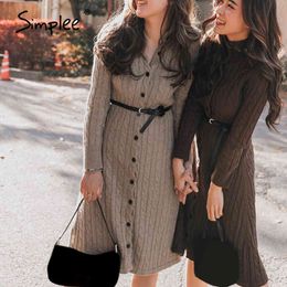 Casual solid women sweater Autumn winter cozy long sleeve button High street style female knitted dress 210414