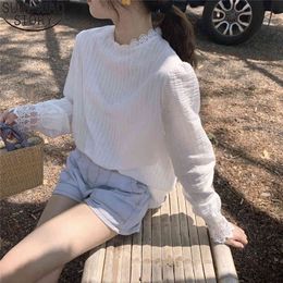 Women Cotton Shirts White Striped Blouse Stand Collar Lace Shirt Autumn Korean Casual Lantern Long Sleeve Pullover Blusas 10912 210417