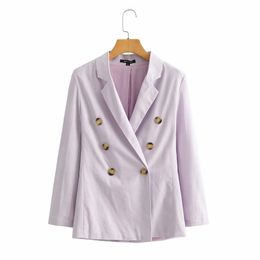 Elegant Women Light Purple Jacket Fashion Ladies Notched Neck Blazer Causal Female Chic Double Breasted Coats 210430