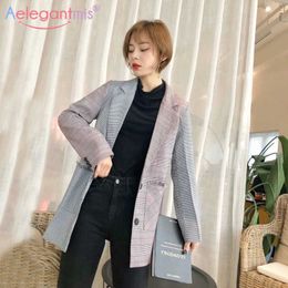Aelegantmis Classic Plaid Notched Casual Blazer Jacket Women Loose Long Sleeve Pocket Work Suit Coat Office Lady Leisure Blazers 210607