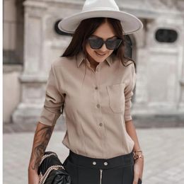 Women Fashion Khaki Blouse Casual Turn-down Collar Long Sleeve Pocket Versatile Style Tops Ladies Basic Loose Shirt Autumn 210412