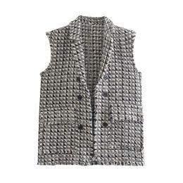 Houndstooth Tweed Vest Women Casual Tassels Pullover Vintage Sleeveless Double Breasted Lapel Female Waistcoat Tops 210430