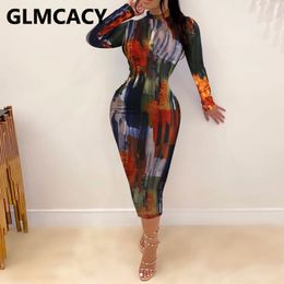 Women Long Sleeve Abstract Bodycon Dresses 210702