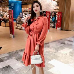 summer red chiffon dress woman bow neck elastic waist long sleeve loose mid render apricot vacation casual dresses female 210603