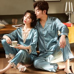 Summer Pajamas Sets For Women Silk Pajama V-Neck Sexy Lace Trim Full Sleeve Nightshirt Couple Long Pants Home Clothes Night Wear X0526