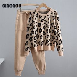 GIGOGOU Leopard Knitted Women Sweater Costume Autumn Winter Pullovers 2 Peice Set Tracksuits Two Piece Set Korean Sports suits 210709
