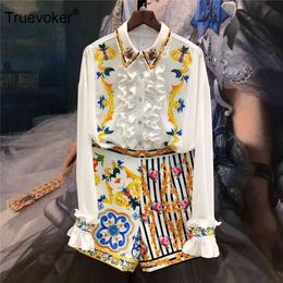 Truevoker Runway Fashion Set Suits Women's Lantern Sleeve Print Diamond Chiffon Tops + Shorts Holiday Twinsets X0428