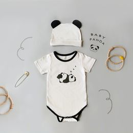 Newborn Baby Girl Cotton Panda Printed Pattern Bodysuit Summer New Toddler Boy Panda Tail Decoration Bodysuits+panda Ear Hat 210413