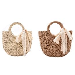 Women Straw Beach Tote Woven Summer Shoulder Bag Female Travel Vacation Casual Crossbody Handbag Drawstring Shopping Purse Totes