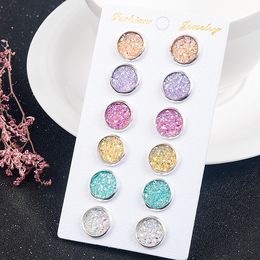 Fashion 6 Pairs/Set Silver plated Round stainless steel 12mm Resin Druzy Drusy Earrings Handmade Stud for Women Jewellery