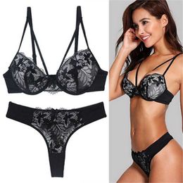 Briefs Panties Womens Thong Sexy Underwear Set Black Bra Women Lingerie Set Lace Embroidery Push up Bra And Panties Sets Deep V Gather L2304