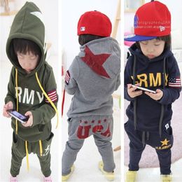 Army USA Boys Sport Suits Autumn Spring Cotton Navy Green Children Clothes Sets Hooded Sweatshirt Pant Suit Girl Tracksuit Star 210413