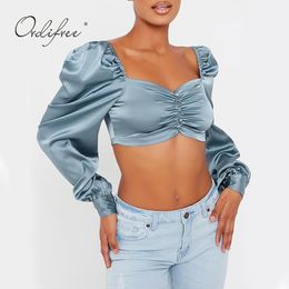 Summer Women Satin Tops Long Sleeve Silk Blouse Shirt Sexy Cropped Top 210415