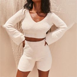 Women's Tracksuits 2021 Autumn Plush V Neck Two Piece Set Streetwear Flare Sleeve Shorts Sets Vintage Corp Tops Track Suit Women Soft Knitte