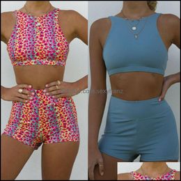 Womens Tracksuits Clothing Apparel 2Pcs Women Summer Sexy Sleeveless O-Neck Crop Top Shorts Set Ladies Fitness Suit Leopard Solid Blue Drop