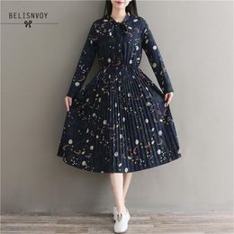 Mori Girl Vintage Midi Dresses Women Spring Autumn Vestidos Longo Female Long Sleeve Floral Printed Chiffon Pleated 210520