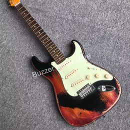 10S ICC Relic Strat Style Electric Guitar Black sobre Red Havery Relic Rosewood Guitarra