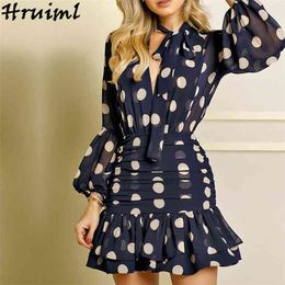 Long Sleeve Dress V Neck Polka Dot Print High Street Elegant Women Casual Fashion A Line Draped Party Club Ruffles 210513