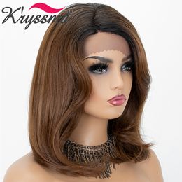 Dark Roots Short Bob Wig Synthetic Lace Front Wigs For Black Ombre Brown Cosplay Wig 150% Density Heat Resistant Fiberfactory direct