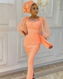Aso Ebi Style Coral Mermaid Evening Dresses For Arabic Women With Sheer Long Sleeves Formal Prom Party Gowns Vestidos De Novia