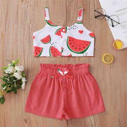 Summer Children Sets Casual Strap Single Breasted Print Watermalon Tops Red Shorts 2Pcs Girl Boys Clothes 1-8T 210629