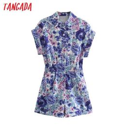 Tangada Women Chic Fashion Floral Print Playsuits Vintage Buttons Short Sleeve Female Short Jumpsuits 5Z91 210609