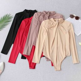 Long Sleeve Red Bodysuit Knotted Crew Neck Casual Autumn Black Body Top Sexy Women Bodysuits Streetwear 210430