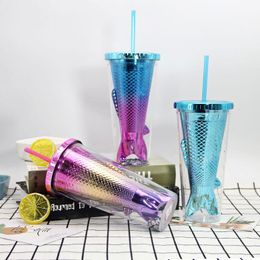 NEW4 Styles Gradient Sequined Water Mug Mermaid Plating Cup Plastic Straw Cups Children Milk Mugs Christmas Gifts RRB12265