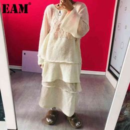 [EAM] Women Lace Big Size Knitting Hole Dress Round Neck Long Sleeve Loose Fit Fashion Spring Autumn 1DD6844 210512