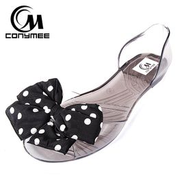 Summer Slippers Women Jelly Shoes Big Bow Cute Girl Lady Transparent Sandals Flip Flops Open-toe Beach Sandal Size