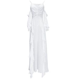 Women Beach Vacation White V-neck Strapless Spaghetti Strap Flare Long Sleeve Ruffle Maxi Dress Holiday D2293 210514