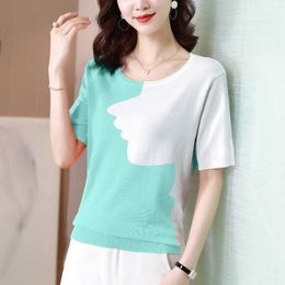Summer Korean Fashion Knitted T-shirts for Women Vintage Satin Tops Short Sleeves Plus Size XXXL Office Lady Shirts 210531