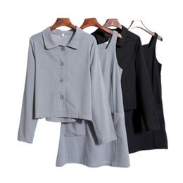 PERHAPS U Women Grey Black White Solid Tank Dress With Shirt Turn Down Collar 2 Two Pieces Set Elegant T0254 210529