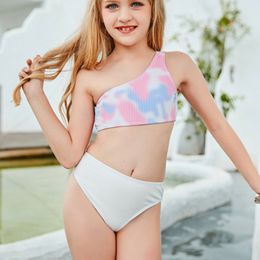 Patchwork Print Swimsuit Children High Waist Bathing 2 Piece Suit One Shoulder Bikini Set Kids Swimwear 2021 Girl Beachwear