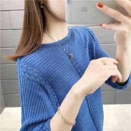 Round Neck Five-Sleeve Ladies Sweater Sexy Hollow Out Thin Knitted Bottoming Bat Jumpers Pullovers Female Spring 210427