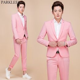 Men's 2 Pieces Pink Suits (Jacket+Pants) Brand Slim Fit One Button Wedding Groom Tuxedo Suits With Pants Terno Masculino 210522