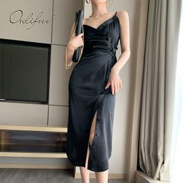 Summer Women Satin Slip Vintage Single Breasted Sexy Spaghetti Strap Silk Black Party Dress 210415