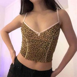 Vintage Leopard Print Spaghetti Y2k Women Camis On Thin Straps Sexy Backless Sleeveless Summer Tank Wrap Crop Top Female 210510