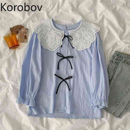 Korobov Women Blouses New Arrival Bow Peter Pan Collar Female Shirts Korean Sweet Chic Long Sleeve Blusas Mujer 210430