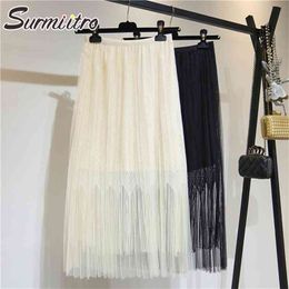 Spring Summer Korean Style Blue Black Lace Tassel Women High Waist Mesh Tulle Pleated Long Midi Skirt Female 210421