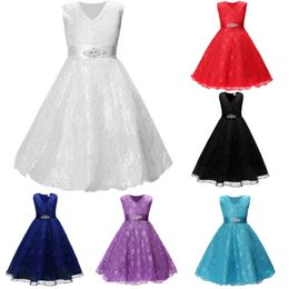 Lace Floral Girls Dress Children Evening Ball Gown Girl Wedding Clothes Sleeveless Party Hollow Kid Formal Attire Vestido Outfit 210413