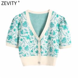 Zevity Women Fashion V Neck Floral Print Jacquard Short Knitted Sweater Female Chic Puff Sleeve Cardigans Crop Tops SW837 210806